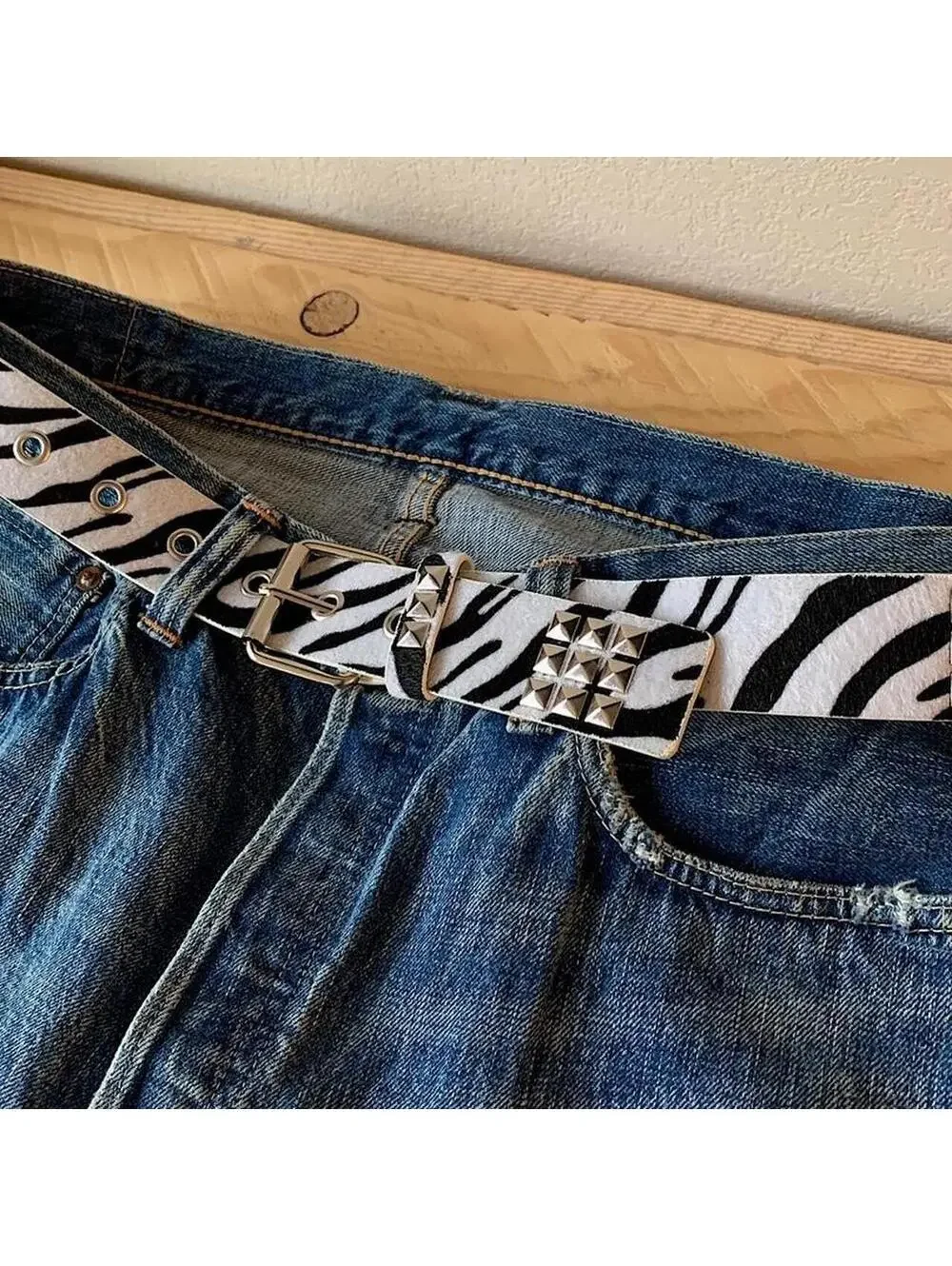 Y2k cyber 2000s style Zebra white fur studded silver belt. 42 inches